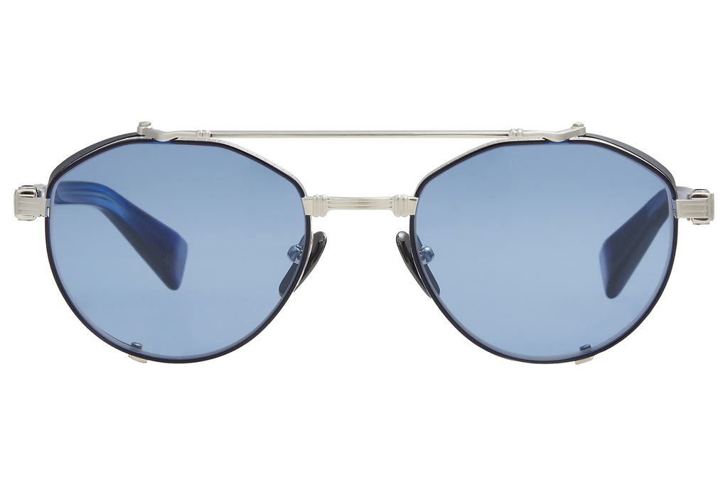 Balmain® Eyewear - Brigade IV Sunglasses Brushed Silver & Blue Swirl with Blue Lenses