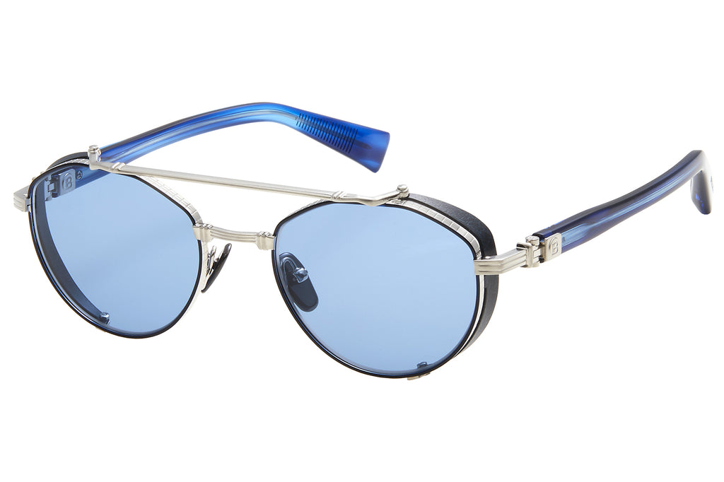 Balmain® Eyewear - Brigade IV Sunglasses Brushed Silver & Blue Swirl with Blue Lenses