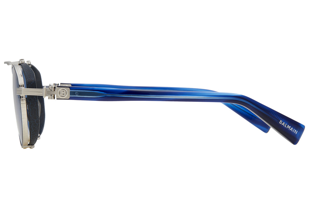 Balmain® Eyewear - Brigade IV Sunglasses Brushed Silver & Blue Swirl with Blue Lenses