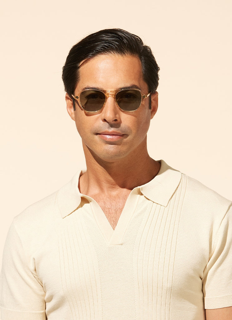 Garrett Leight - Doc Sunglasses Champagne with Semi-Flat Emerald Lenses